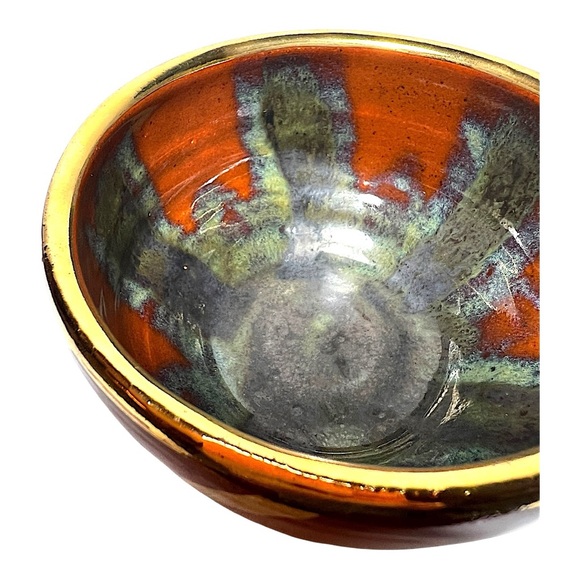 Stoneware Pottery Bowl with Genuine 18k Gold Trim in Rust & Olive Layered Glazes - Picture 6 of 13